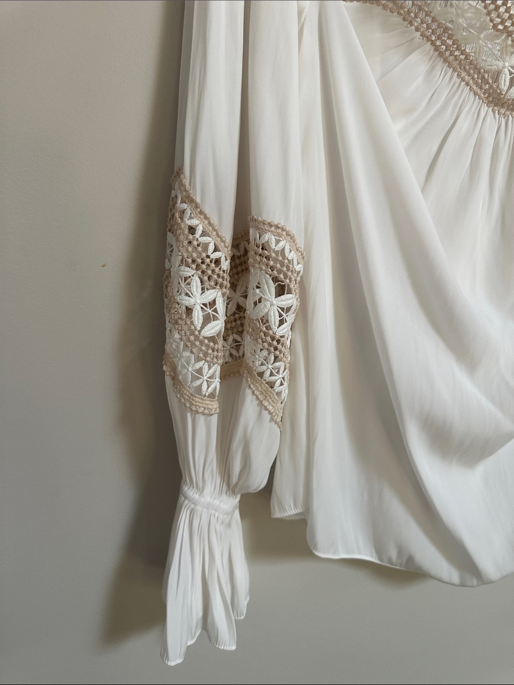 Ramy Brook White Off-Shoulder Blouse with Beige Crochet Trim - Picture 3 of 5